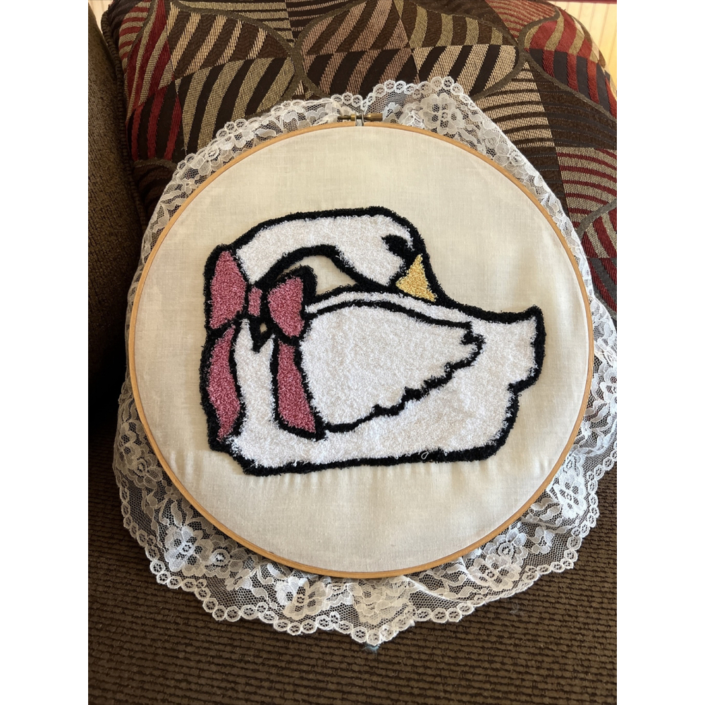 Easy punch embroidered swan with hoop Lace Trim Hanger Handmade